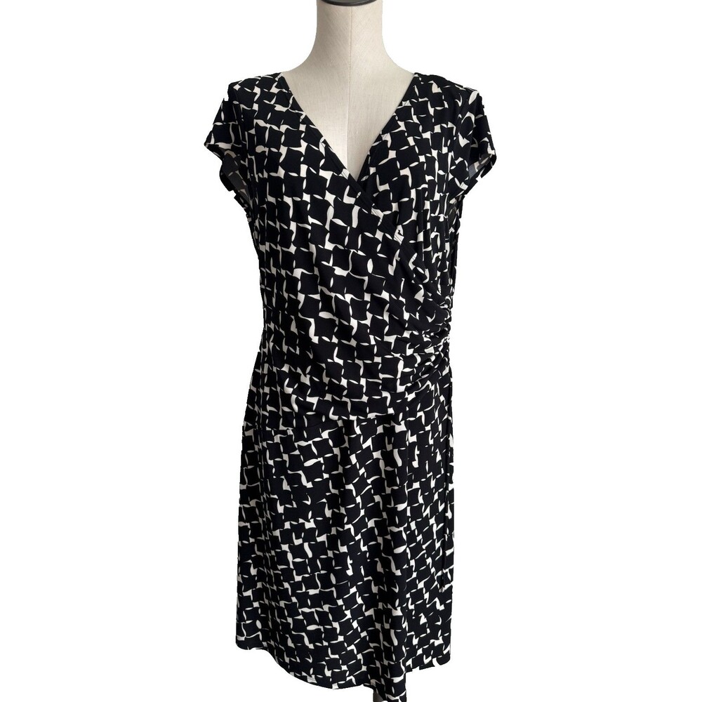 Evan Picone Faux Wrap Dress Womens Sz 16 Cap Sleeve Black White Print Stretch